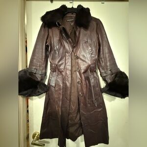 Andrew Marc Dark Brown Leather Trench Coat with Black Fur Trim